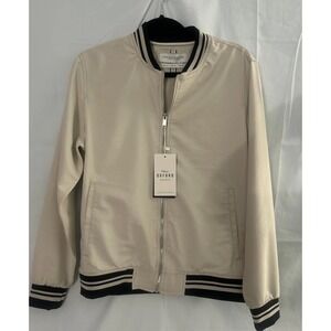 Mens Oxford Jacket Varsity Bomber Size M Zip Classic Ivory Rib Knit Cuff‎ Light